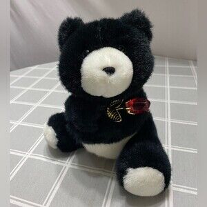 Vtg 90s Hallmark Valentine Heartline Bear Black White Hugging Plush w/ Gift Rose